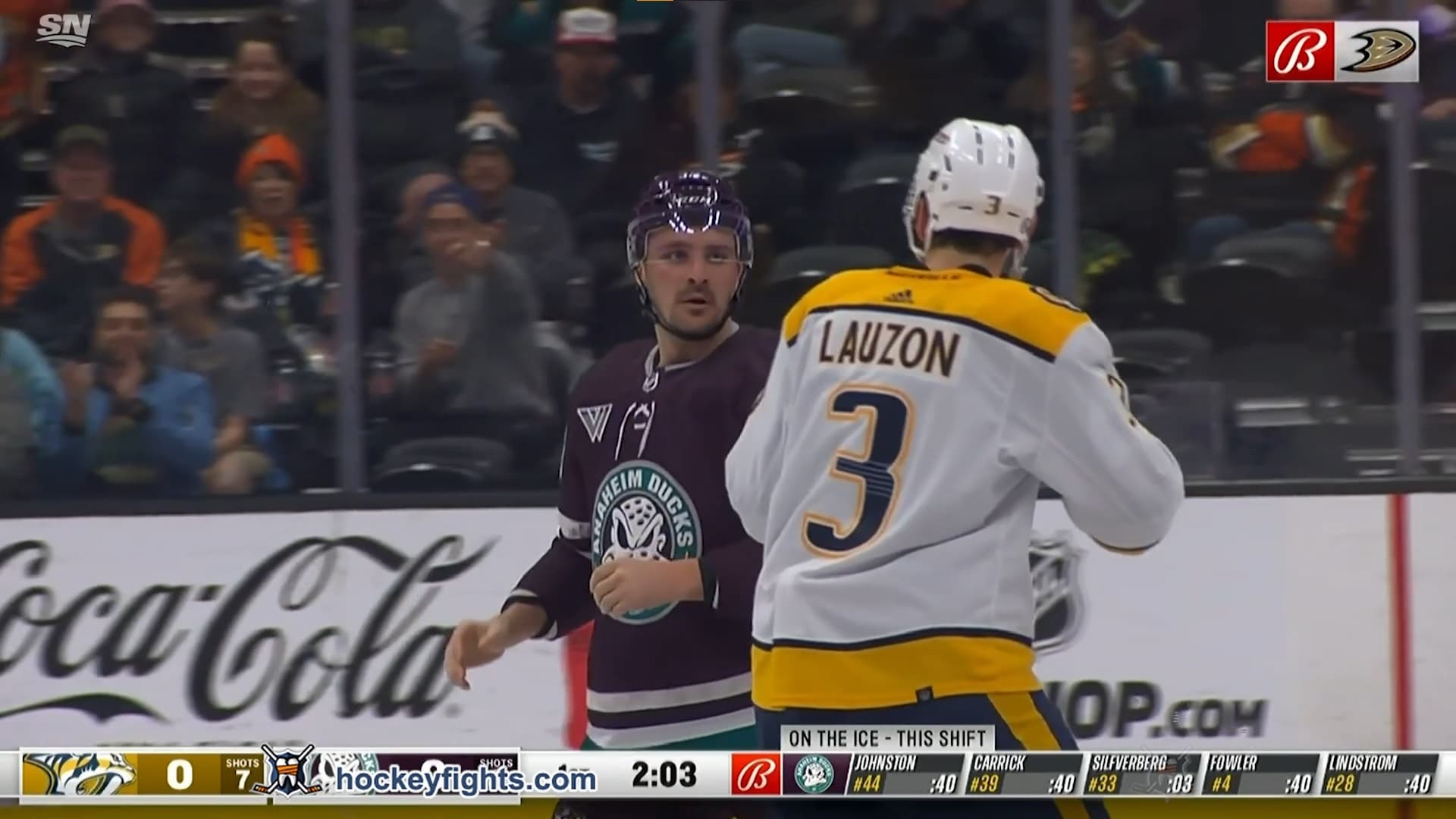 J. Lauzon (NSH) vs. S. Carrick (ANA)